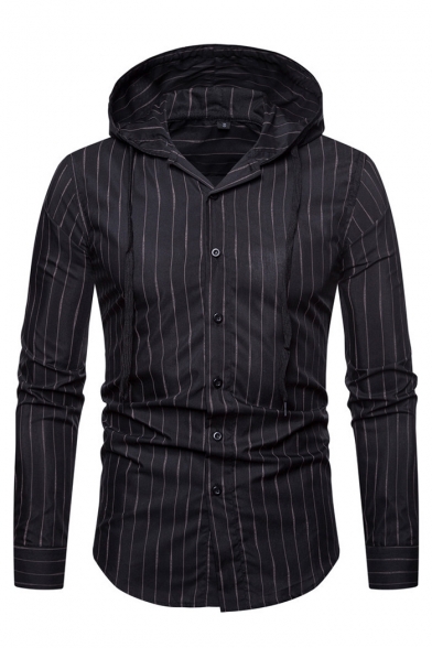 Striped Long Sleeve Button Front Slim Hooded Shirt