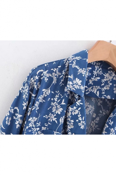 Tie Front Notched Lapel Collar Floral Printed Long Sleeve Tunic Coat