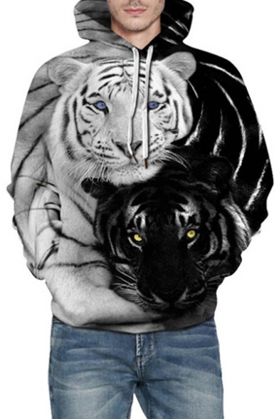 Black and White Tiger Print Long Sleeve Casual Hoodie for Couple