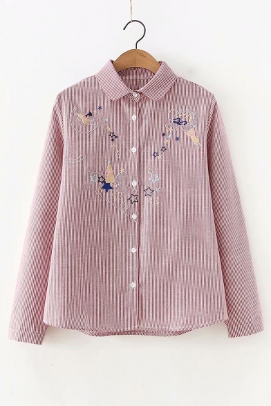 Cartoon Star Embroidered Striped Printed Lapel Collar Long Sleeve Button Front Shirt