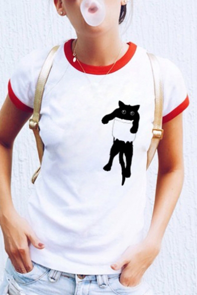 Cat Printed Contrast Trim Round Neck Short Sleeve T-Shirt