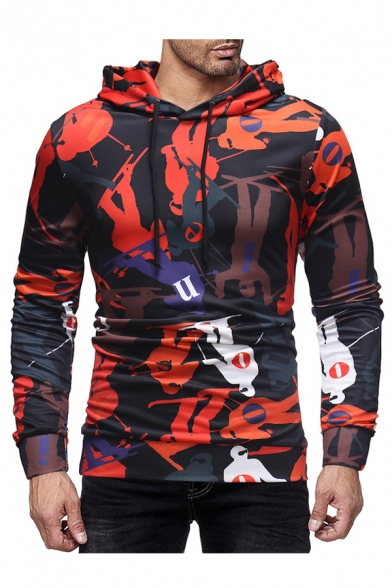 Character Letter All Over Print Long Sleeve Hoodie for Men