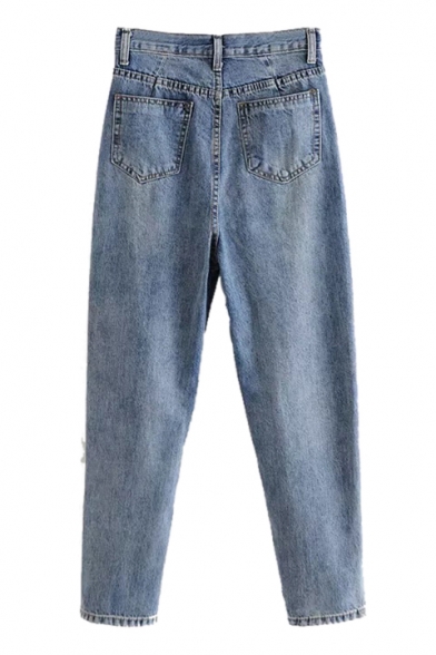 Chic Asymmetric Offset Button Placket Faded Tapered Jeans