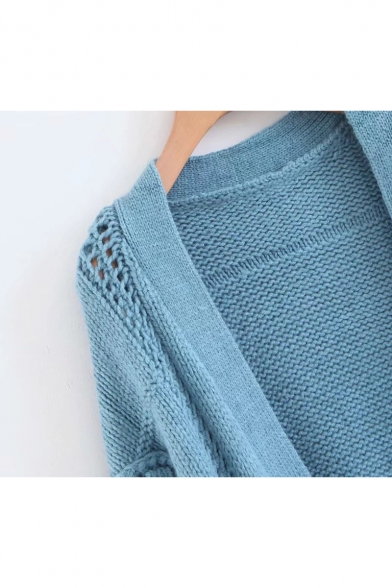Collarless Plain Long Sleeve Tassel Embellished Open Front Knit Cardigan