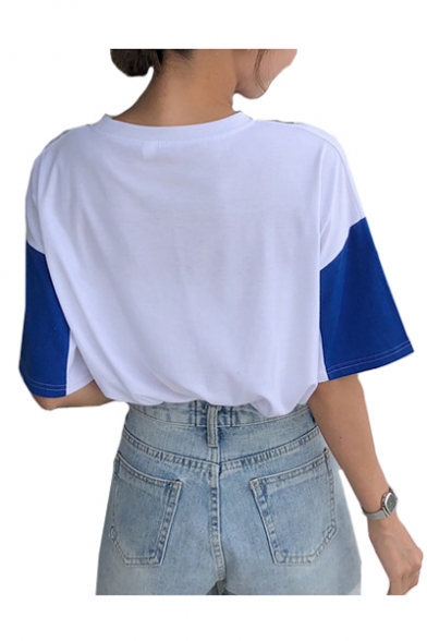 Color Block YOURSELF Letter Printed Round Neck Short Sleeve T-Shirt