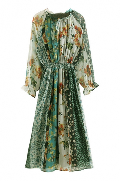 Contrast Floral Printed Long Sleeve Elastic Waist Midi A-Line Dress