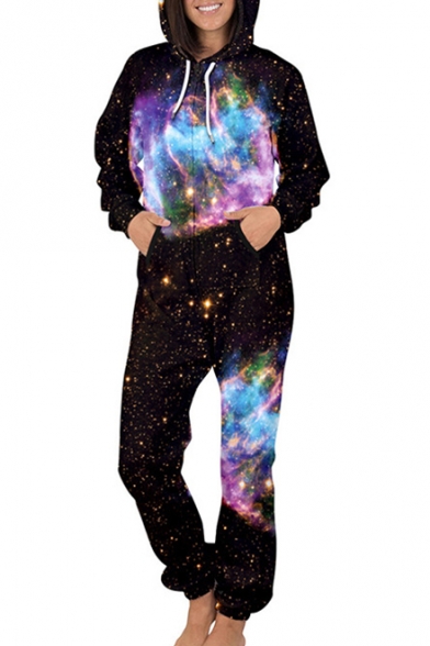 Cool Galaxy Printed Long Sleeve Hooded Jumpsuit