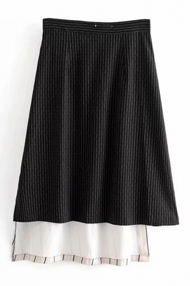 Fake Two Pieces Contrast Striped Patched Midi Asymmetric Skirt