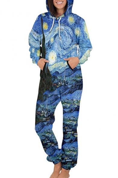 Famous Painting Printed Long Sleeve Hooded Jumpsuit