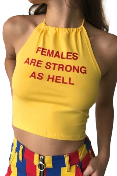 FEMALES ARE STRONG Letter Printed Halter Sleeveless Crop Cami