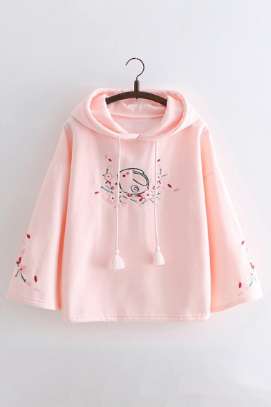 Floral Rabbit Embroidered Long Sleeve Casual Hoodie