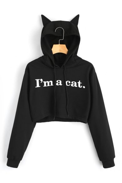 New Fashion I'M A CAT Letter Print Long Sleeve Crop Hoodie
