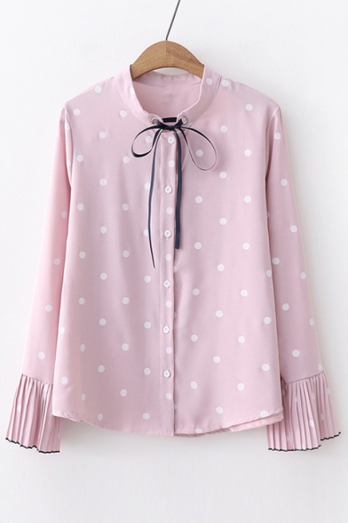 Polka Dot Printed Bow Tie Stand Up Collar Pleated Detail Cuffs Long Sleeve Button Front Shirt