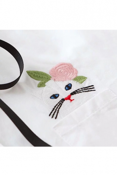 Bow Tie Lapel Collar Cat Floral Embroidered Pocket Long Sleeve Button Front Shirt