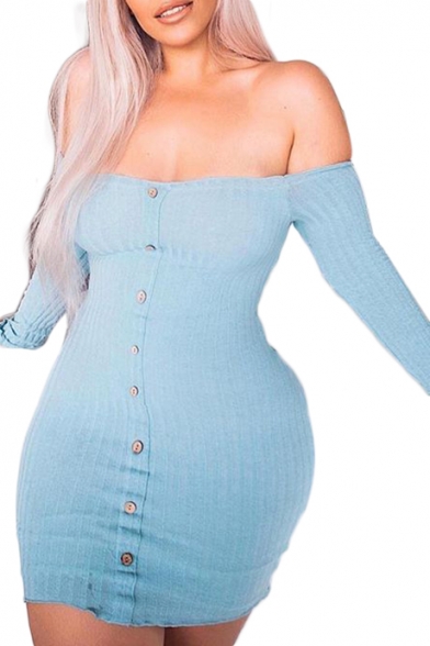 Button Front Off The Shoulder Long Sleeve Ribbed Sexy Mini Bodycon Dress