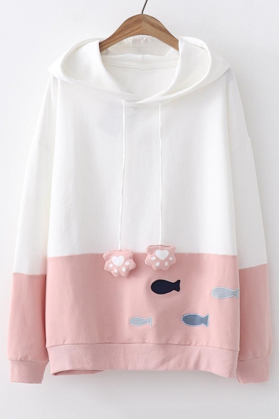 Color Block Fish Embroidered Bear's Paw Embellished Drawstring Hood Long Sleeve Hoodie