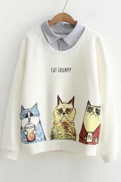 Contrast Striped Lapel Collar Cat Letter Printed Fake Two Pieces Sweatshirt