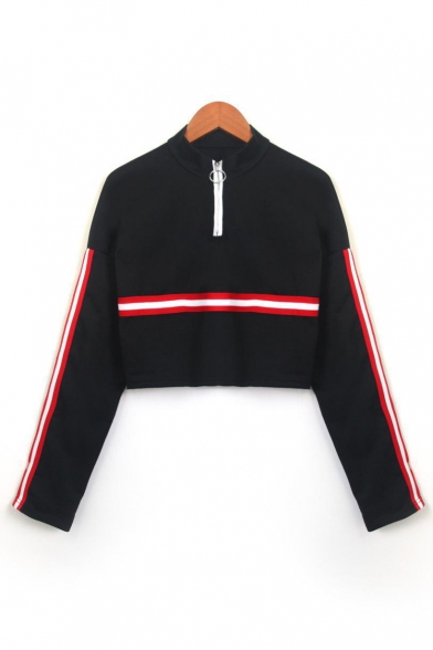 Contrast Striped Patched Half-Zip Mock Neck Long Sleeve Cropped Sweatshirt