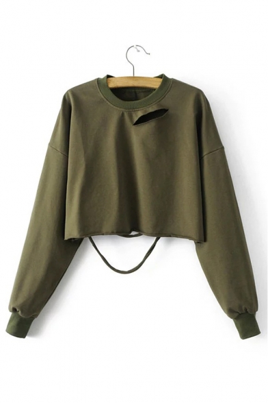 Cut Out Detail Round Neck Long Sleeve Loose Cropped Sweatshirt