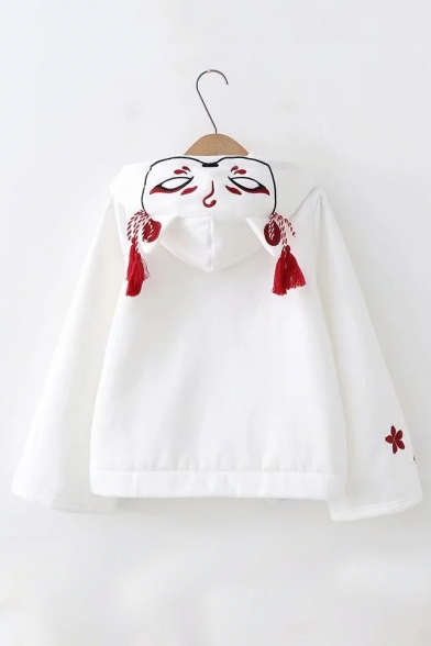 Cute Fox Embroidered Tassel Embellished Long Sleeve Hoodie