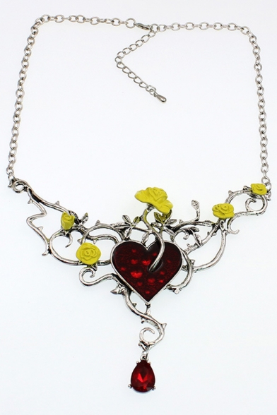 Floral Embellished Heart Pattern Crystal Chain Necklace