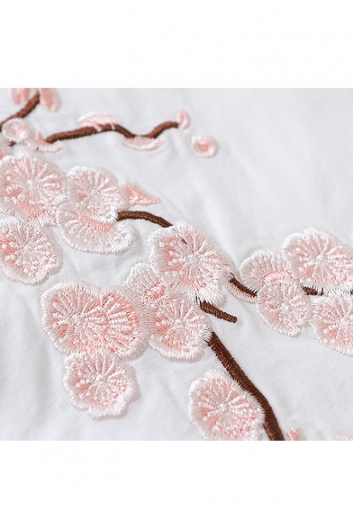 Floral Embroidered Button Placket Lapel Collar Long Sleeve Regular Shirt