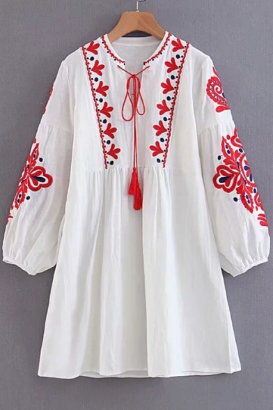 ohemia Style Floral Embroidered Round Neck Long Sleeve Mini Smock Dress