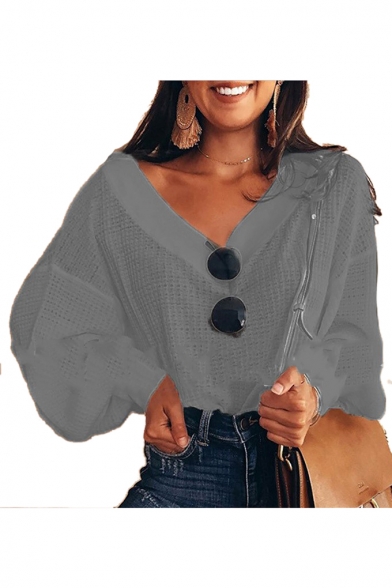 Plain V Neck Rib Knit Trim Lantern Sleeves Casual Sweater