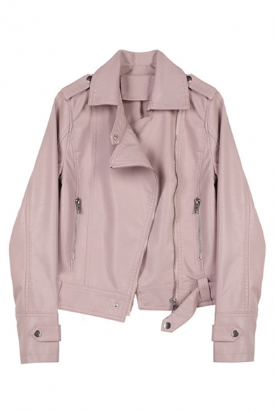 PU Lapel Collar Long Sleeve Plain Offset Zip Closure Leather Jacket