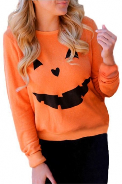 Pumpkin Print Round Neck Long Sleeve Pullover Sweatshirt