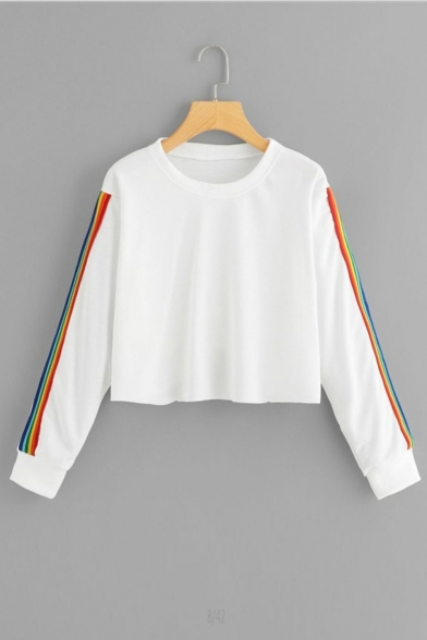 grey sweatshirt with rainbow stripes