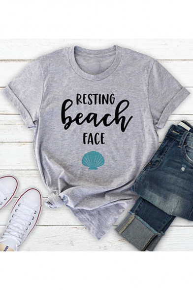 RESTING BEACH Letter Shell Printed Round Neck Short Sleeve T-Shirt