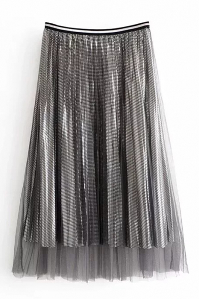 Serpentine Pattern Mesh Patched Elastic Waist Midi A-Line Skirt