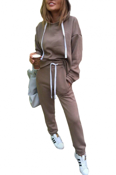 Sports Plain Long Sleeve Hoodie with Loose Drawstring Waist Pants Co-ords
