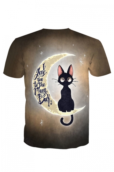 3D Letter Cat Moon Printed Round Neck Short Sleeve T-Shirt