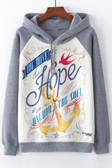 

Anchor Letter Printed Color Block Raglan Long Sleeve Casual Hoodie