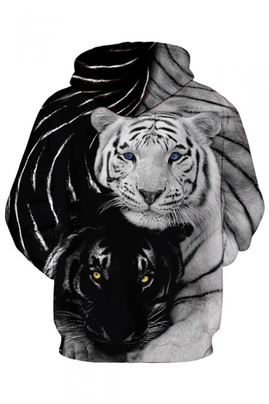 Black and White Tiger Print Long Sleeve Casual Hoodie for Couple