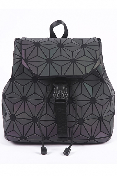 Buckle Straps Drawstring Fastening Geometric PU Leather Backpack