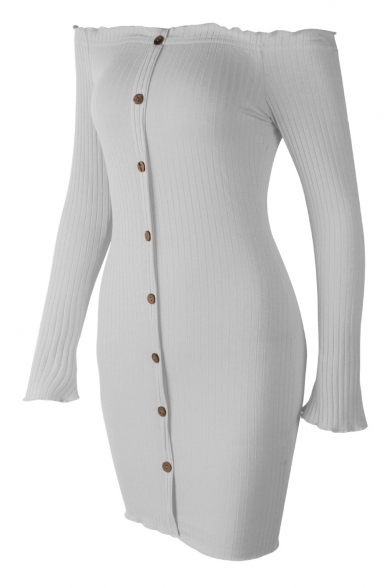 Button Front Off The Shoulder Long Sleeve Ribbed Sexy Mini Bodycon Dress
