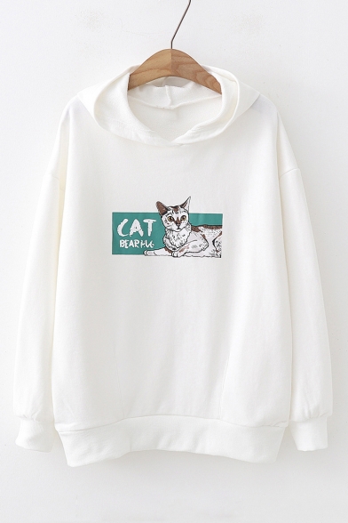 Cat Letter Graphic Print Long Sleeve Leisure Hoodie