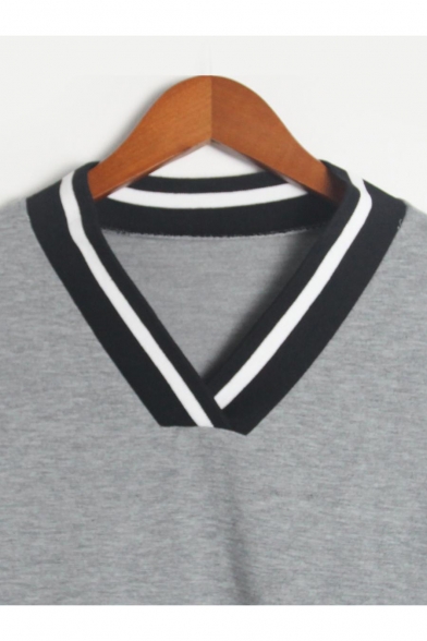 Chic Contrast Striped Trim V Neck Long Sleeve Sweatshirt
