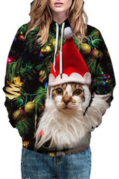 Christmas Series Cat Printed Long Sleeve Unisex Hoodie