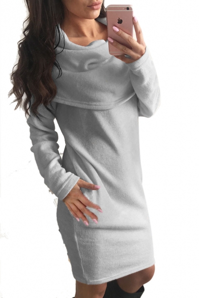 Collared Plain Long Sleeve Mini Sweater Pencil Dress