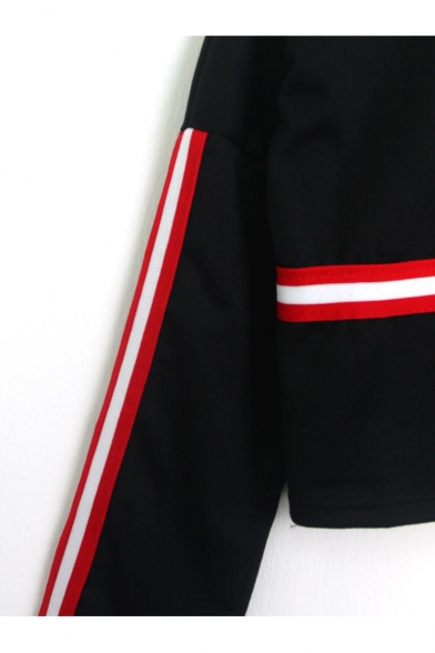 Contrast Striped Patched Half-Zip Mock Neck Long Sleeve Cropped Sweatshirt