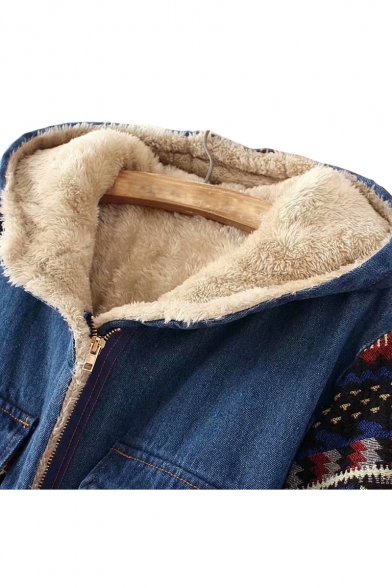 Denim Contrast Tribal Patchwork Long Sleeve Zip Closure Hooded Faux Fur Lining Coat