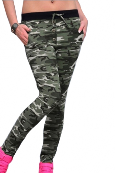 Drawstring Waist Camouflage Printed Button Detail Skinny Pants