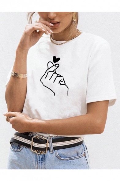 Heart Gesture Print Round Neck Short Sleeve T-Shirt