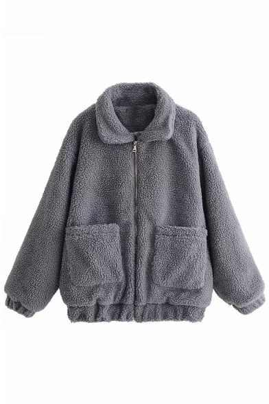 Lapel Collar Plain Long Sleeve Zip Up Faux Fur Jacket with Pockets