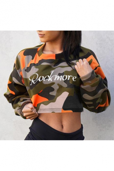 Letter Camouflage Printed Round Neck Long Sleeve Cropped Sweatshirt