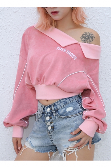 Letter Embroidered One Shoulder Long Sleeve Contrast Piping Cropped Sweatshirt
